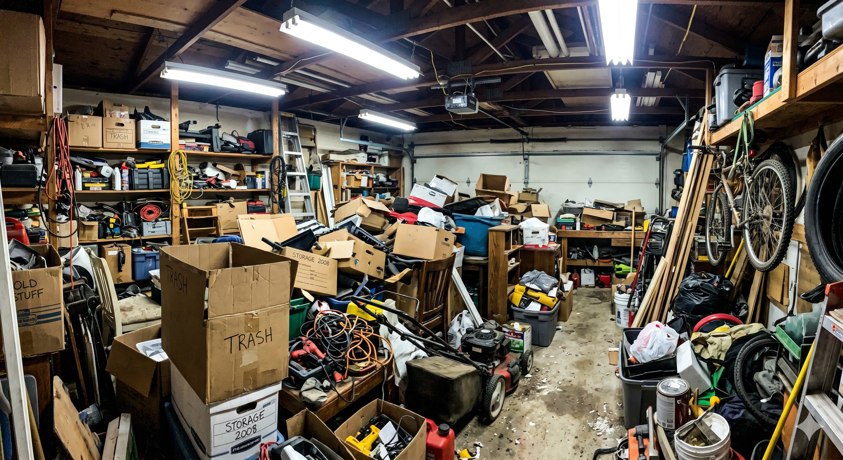 A cluttered garage before the cleanout